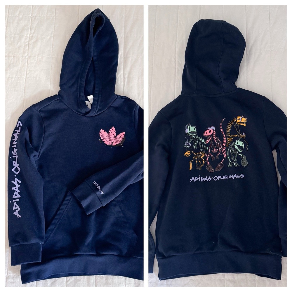 Adidas Youth Dinosaur Hoodie Sweatshirt XS 7-8 Navy Neon Pockets EUC Pullover